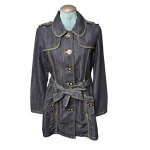Baccini Denim Trench Coat Women’s Sz M Dark Wash Tie Belt Long Jacket Streetwear